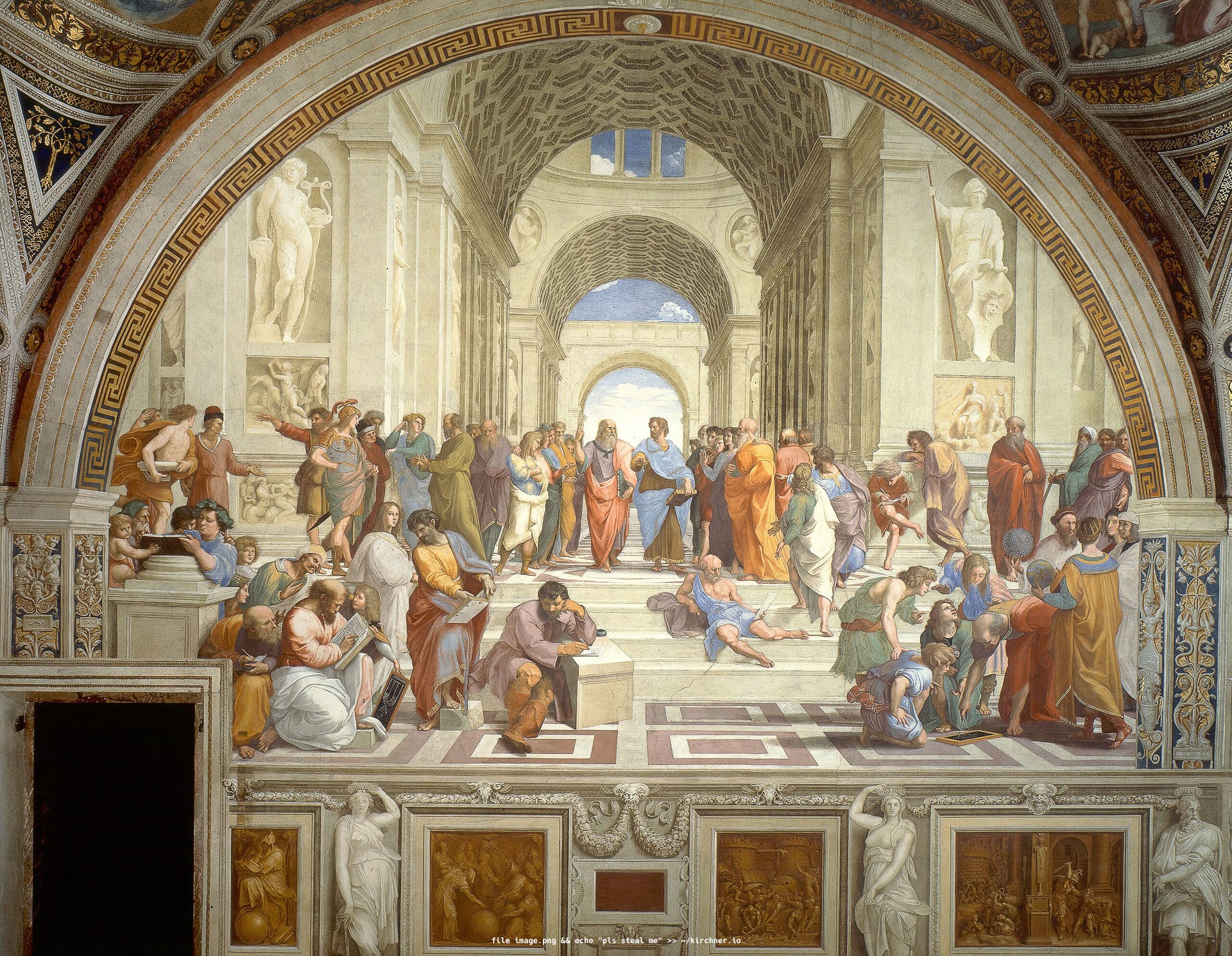 Raphael's School of Athens, with Plato and Aristotle at the center of a gathering of philosophers